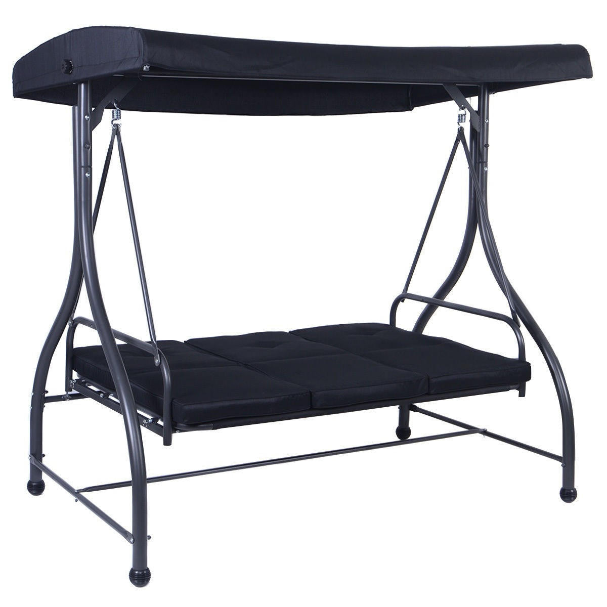 FastFurnishings Black Adjustable 3 Seat Cushioned Porch Patio Canopy Swing Chair