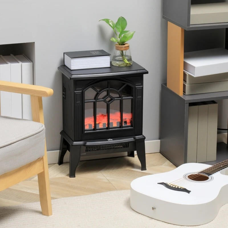 FastFurnishings Black Electric Fireplace Heater with Realistic Log Flame LED