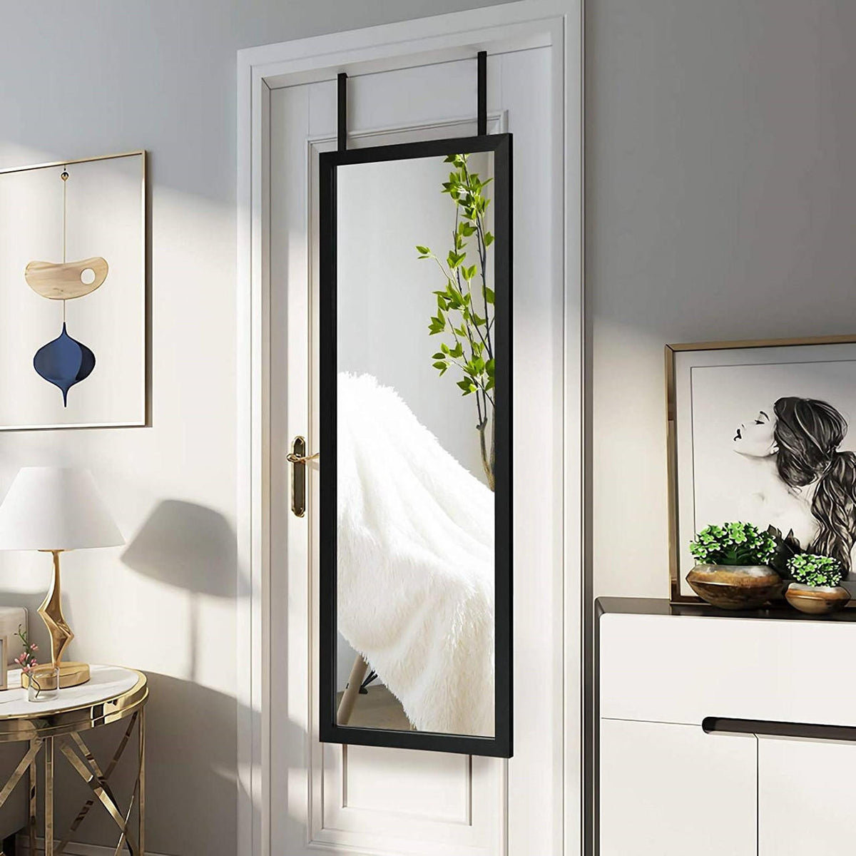 FastFurnishings Black Full Length Bedroom Mirror with Over the Door or Wall Mounted Design