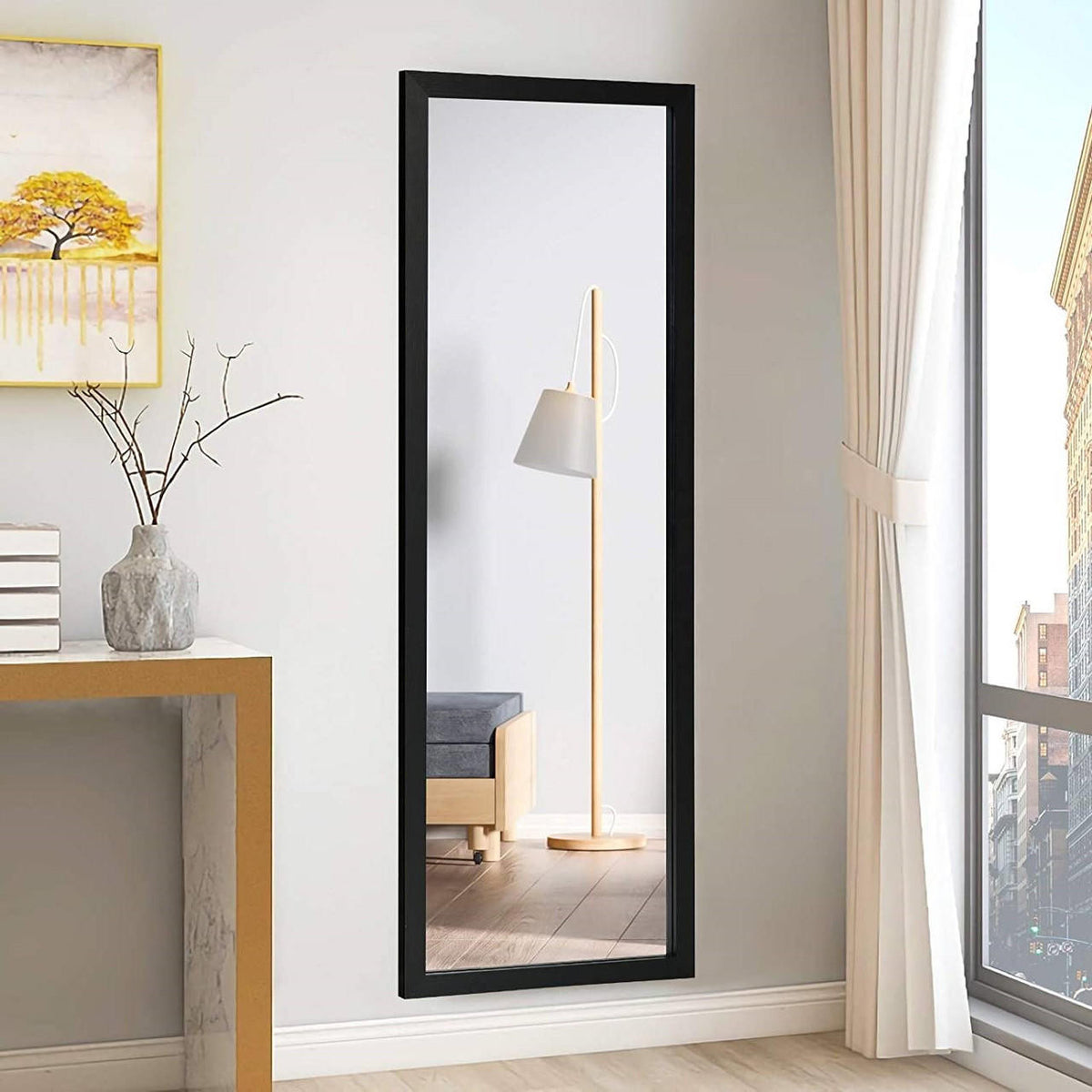 FastFurnishings Black Full Length Bedroom Mirror with Over the Door or Wall Mounted Design