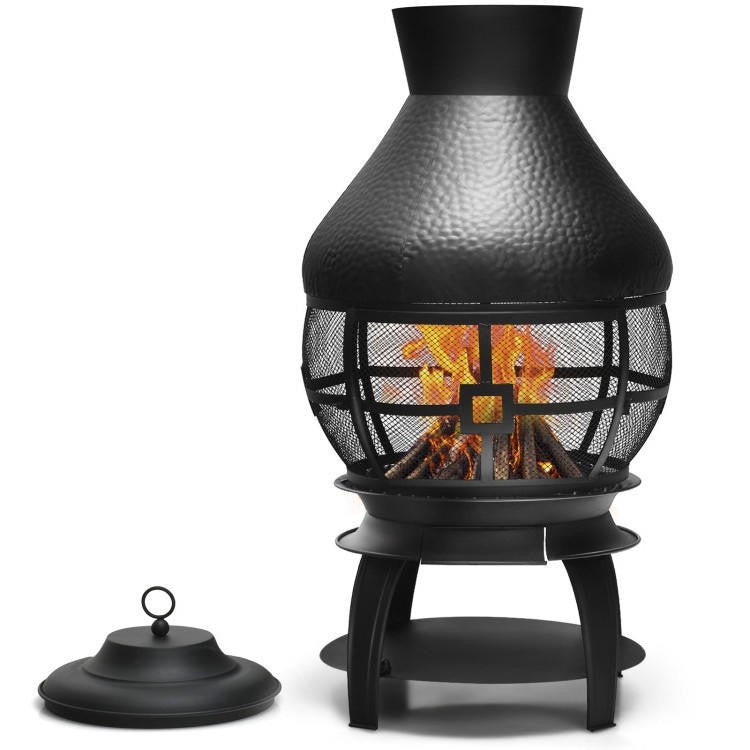 FastFurnishings Black Rustic Iron Wood Burning Chiminea Fire Pit