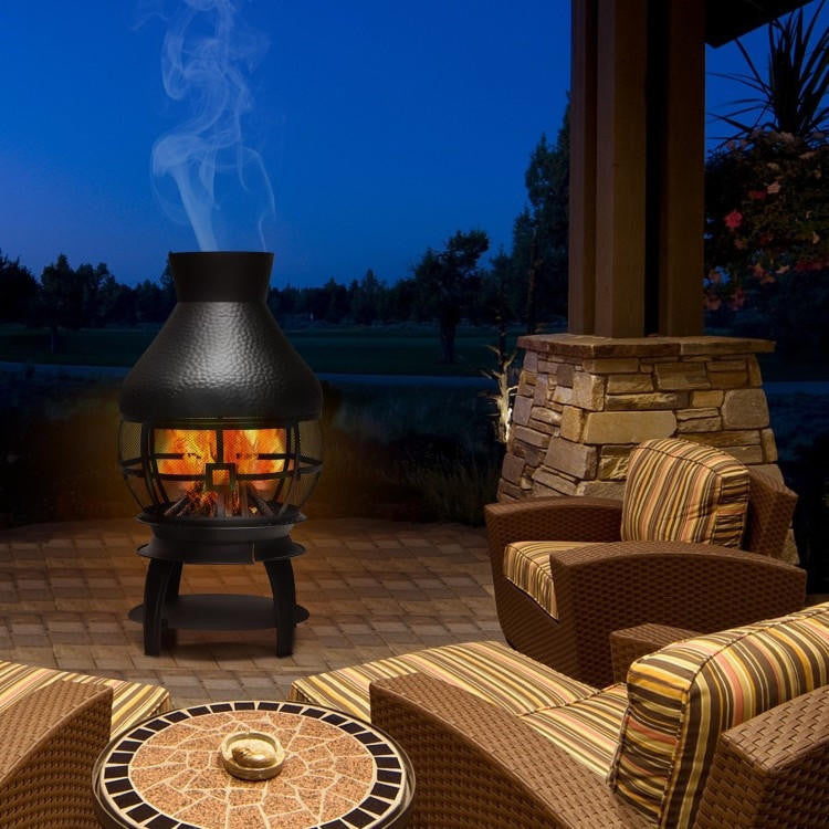 FastFurnishings Black Rustic Iron Wood Burning Chiminea Fire Pit