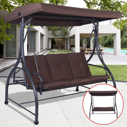 FastFurnishings Brown Adjustable 3 Seat Cushioned Porch Patio Canopy Swing Chair