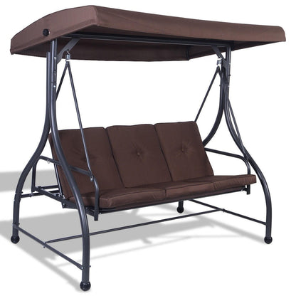 FastFurnishings Brown Adjustable 3 Seat Cushioned Porch Patio Canopy Swing Chair