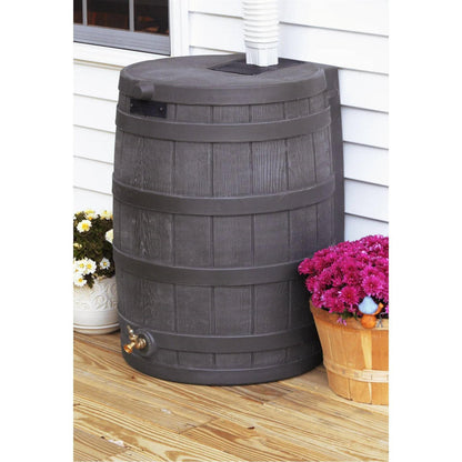 FastFurnishings Brown Oak 50-Gallon Plastic Rain Barrel with Bottom Spigot