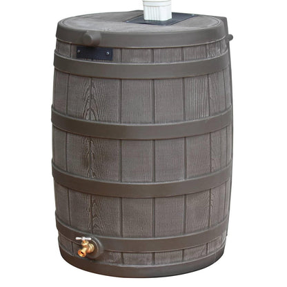 FastFurnishings Brown Oak 50-Gallon Plastic Rain Barrel with Bottom Spigot