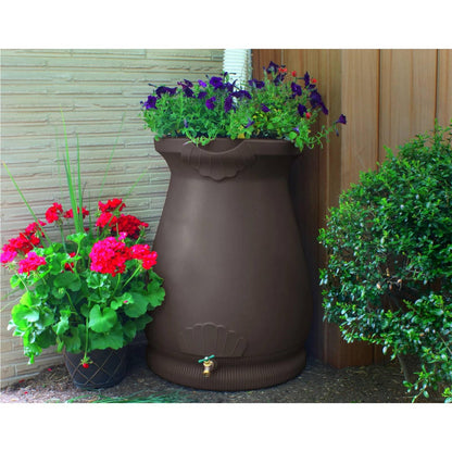 FastFurnishings Brown Oak 65 Gallon Plastic Urn Rain Barrel with Planter Top