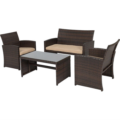 FastFurnishings Brown Resin Wicker 4-Piece Modern Patio Furniture Set with Beige Cushions
