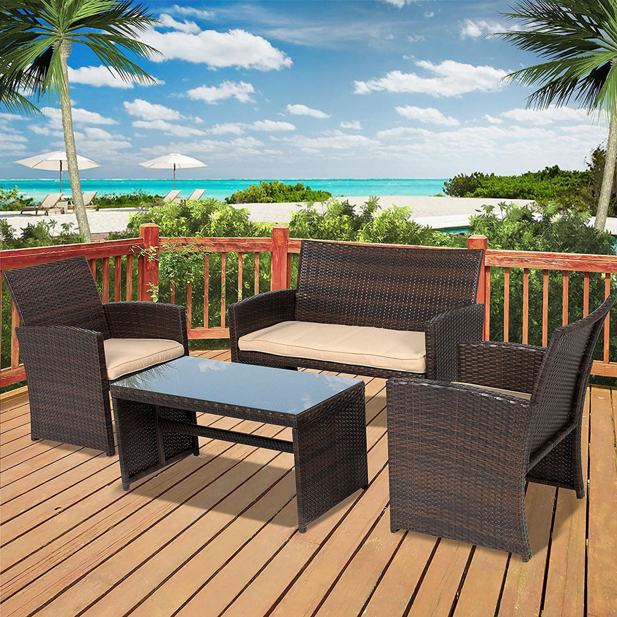 FastFurnishings Brown Resin Wicker 4-Piece Modern Patio Furniture Set with Beige Cushions