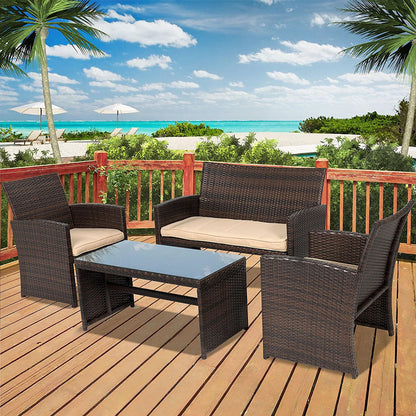 FastFurnishings Brown Resin Wicker 4-Piece Modern Patio Furniture Set with Beige Cushions
