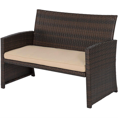 FastFurnishings Brown Resin Wicker 4-Piece Modern Patio Furniture Set with Beige Cushions