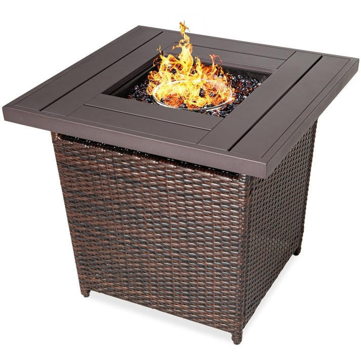 FastFurnishings Brown Resin Wicker Fire Pit LP Gas Propane w/ Faux Wood Tabletop and Cover