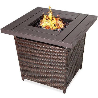 FastFurnishings Brown Resin Wicker Fire Pit LP Gas Propane w/ Faux Wood Tabletop and Cover