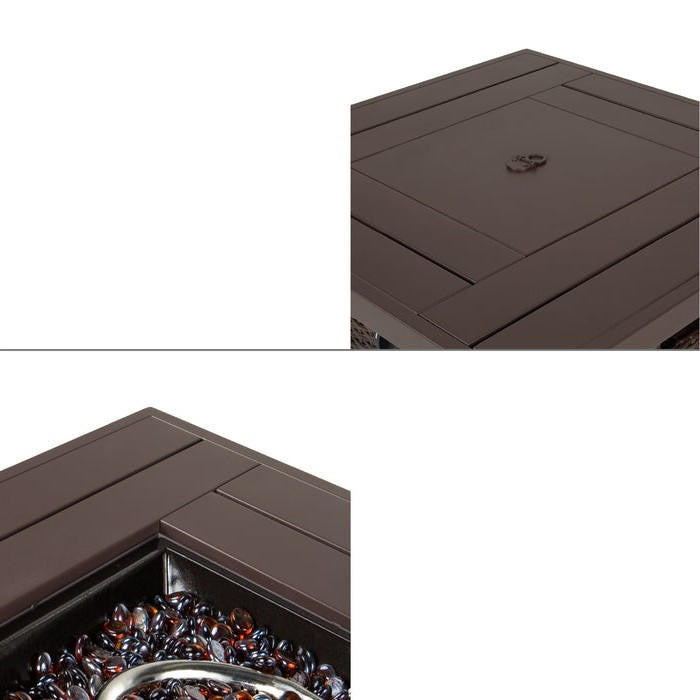 FastFurnishings Brown Resin Wicker Fire Pit LP Gas Propane w/ Faux Wood Tabletop and Cover