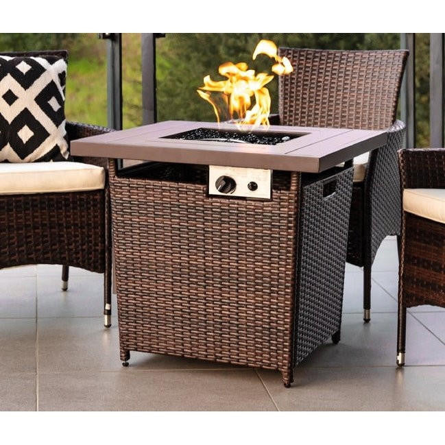FastFurnishings Brown Resin Wicker Fire Pit LP Gas Propane w/ Faux Wood Tabletop and Cover