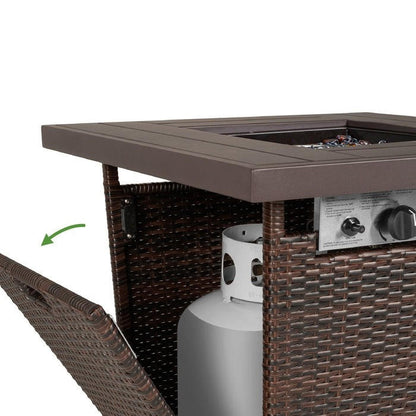 FastFurnishings Brown Resin Wicker Fire Pit LP Gas Propane w/ Faux Wood Tabletop and Cover