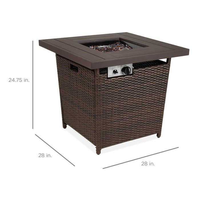 FastFurnishings Brown Resin Wicker Fire Pit LP Gas Propane w/ Faux Wood Tabletop and Cover