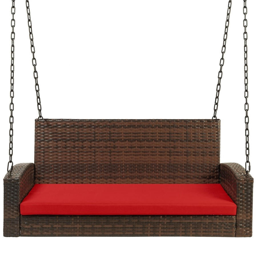 FastFurnishings Brown Wicker Hanging Patio Porch Swing Bench w/ Mounting Chains and Red Seat Cushion