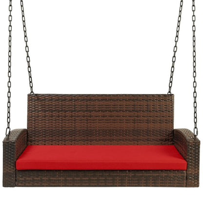 FastFurnishings Brown Wicker Hanging Patio Porch Swing Bench w/ Mounting Chains and Red Seat Cushion