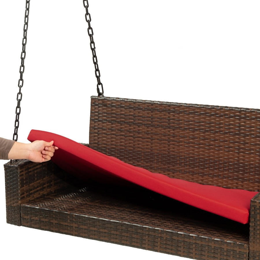 FastFurnishings Brown Wicker Hanging Patio Porch Swing Bench w/ Mounting Chains and Red Seat Cushion