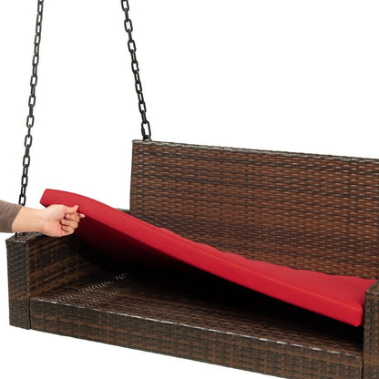 FastFurnishings Brown Wicker Hanging Patio Porch Swing Bench w/ Mounting Chains and Red Seat Cushion