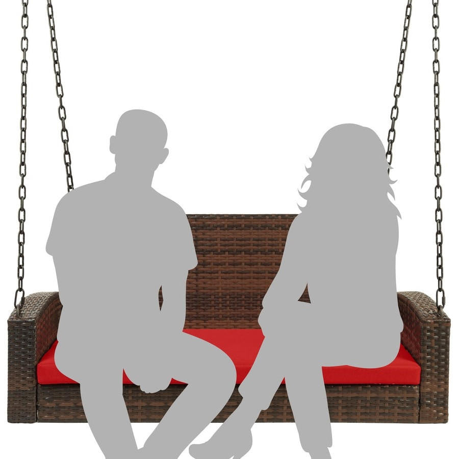 FastFurnishings Brown Wicker Hanging Patio Porch Swing Bench w/ Mounting Chains and Red Seat Cushion
