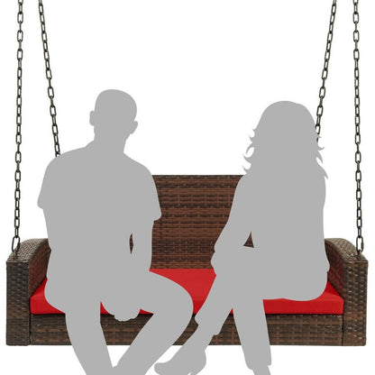 FastFurnishings Brown Wicker Hanging Patio Porch Swing Bench w/ Mounting Chains and Red Seat Cushion