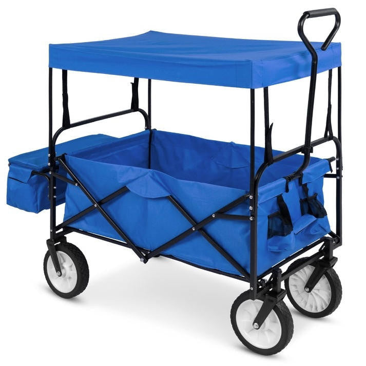 FastFurnishings Collapsible Utility Wagon Cart Indoor/Outdoor with Canopy - Blue