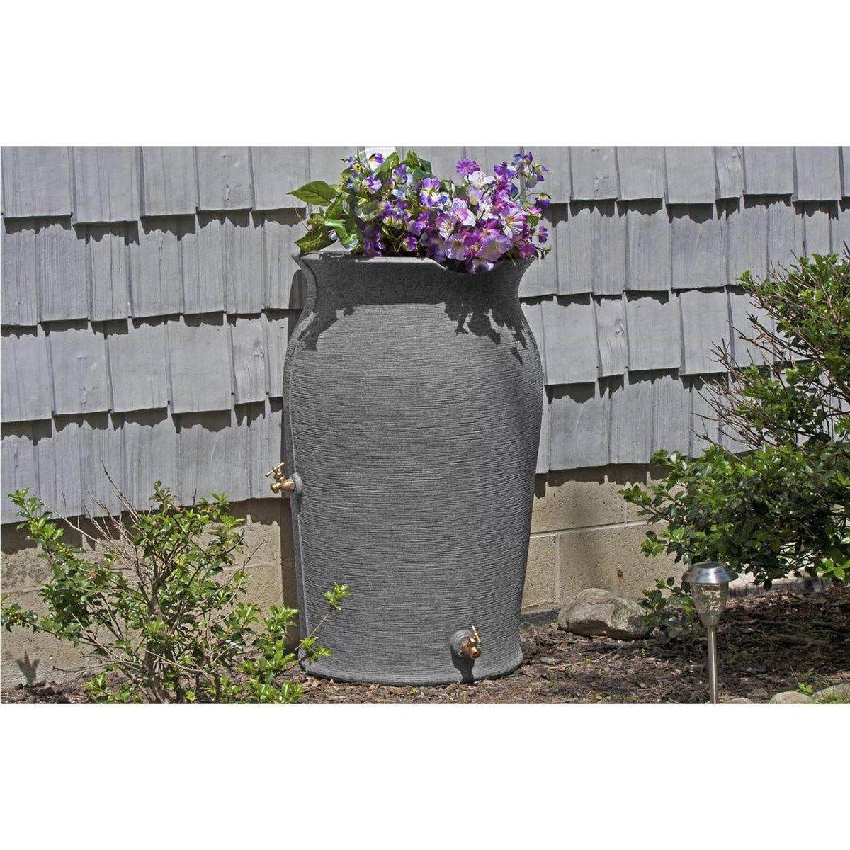 FastFurnishings Dark Grey Granite 50-Gallon Plastic Urn Rain Barrel with Planter Top