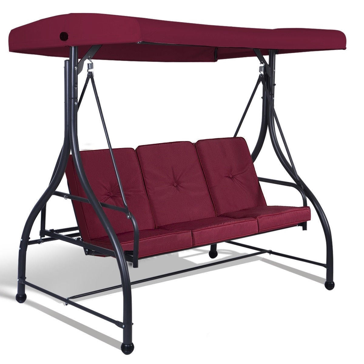 FastFurnishings Dark Red Burgundy 3 Seat Cushioned Porch Patio Canopy Swing Chair