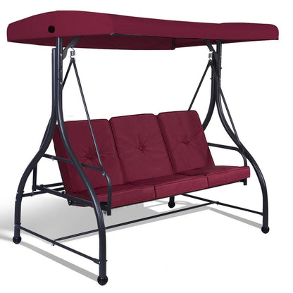 FastFurnishings Dark Red Burgundy 3 Seat Cushioned Porch Patio Canopy Swing Chair