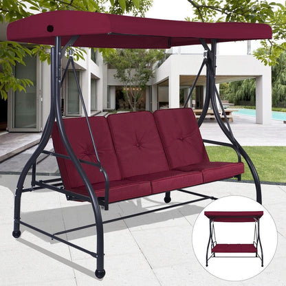 FastFurnishings Dark Red Burgundy 3 Seat Cushioned Porch Patio Canopy Swing Chair