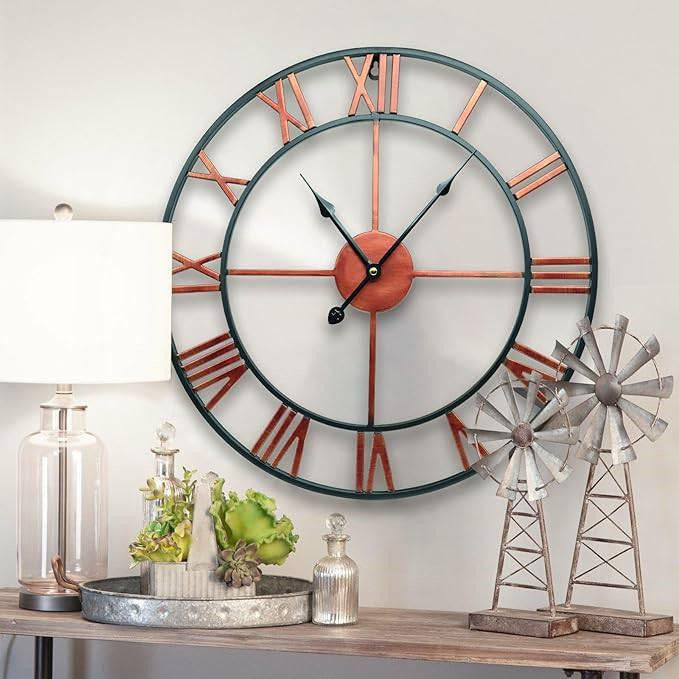 FastFurnishings Decorative 18.5-inch Roman Numerals Silent Non-Ticking Wall Clock in Red