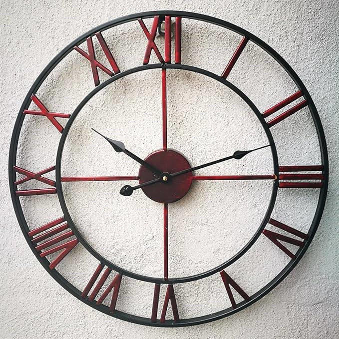 FastFurnishings Decorative 18.5-inch Roman Numerals Silent Non-Ticking Wall Clock in Red