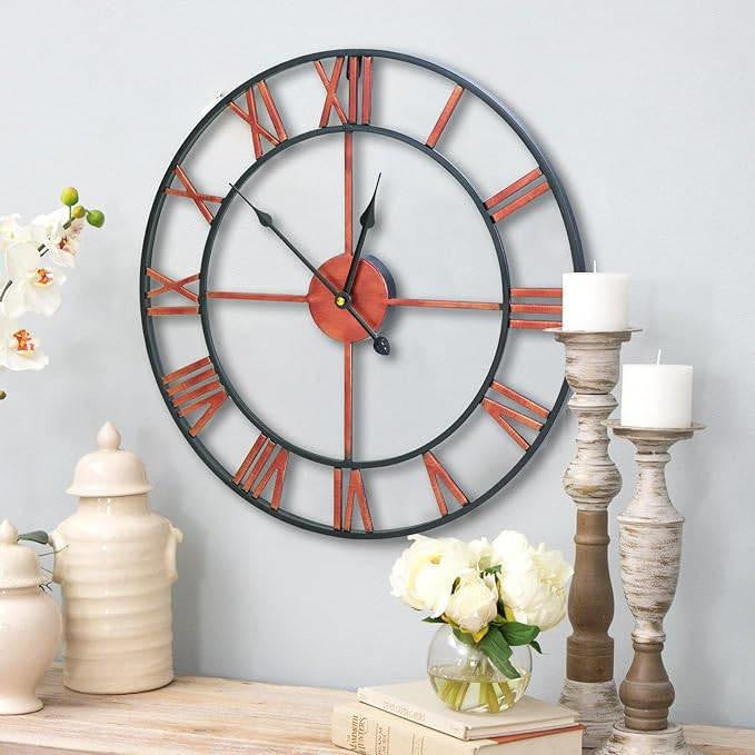 FastFurnishings Decorative 18.5-inch Roman Numerals Silent Non-Ticking Wall Clock in Red