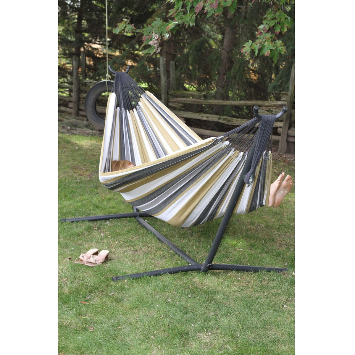 FastFurnishings Desert Moon Pattern Cotton Hammock with 9-FT Steel Stand
