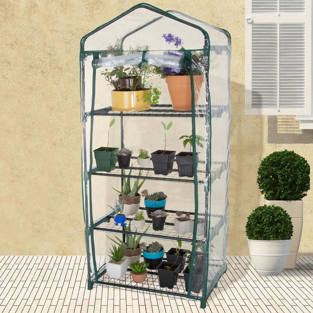 FastFurnishings Durable 4-Tier Plant Stand Greenhouse with Zippered PVC Cover