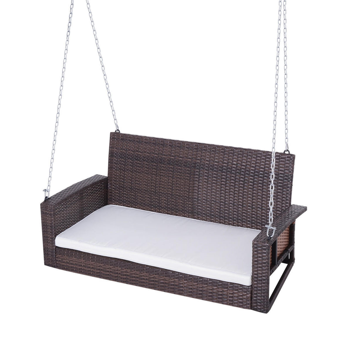 FastFurnishings Espresso Wicker Porch Swing 7ft Hanging Chain with Cream Padded Cushion