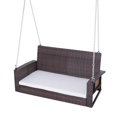 FastFurnishings Espresso Wicker Porch Swing 7ft Hanging Chain with Cream Padded Cushion