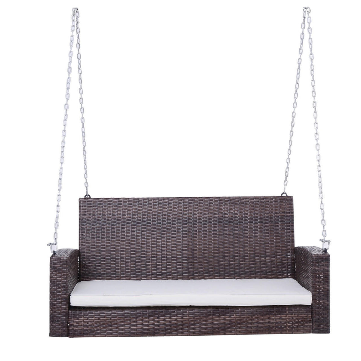 FastFurnishings Espresso Wicker Porch Swing 7ft Hanging Chain with Cream Padded Cushion