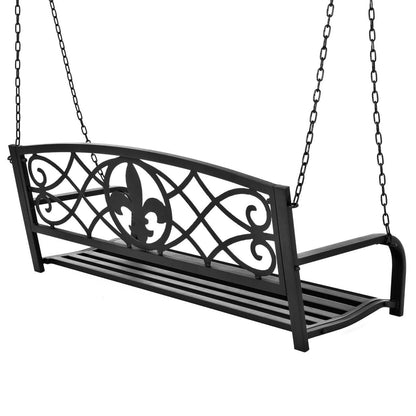 FastFurnishings Farmhouse Black Sturdy 2 Seat Porch Swing Bench Scroll Accents