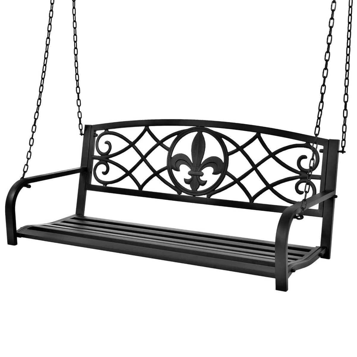 FastFurnishings Farmhouse Black Sturdy 2 Seat Porch Swing Bench Scroll Accents