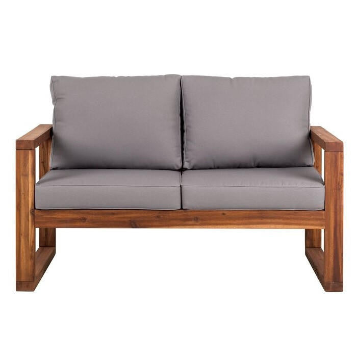 FastFurnishings FarmHouse Modern Outdoor Acacia Loveseat with Grey Cushion