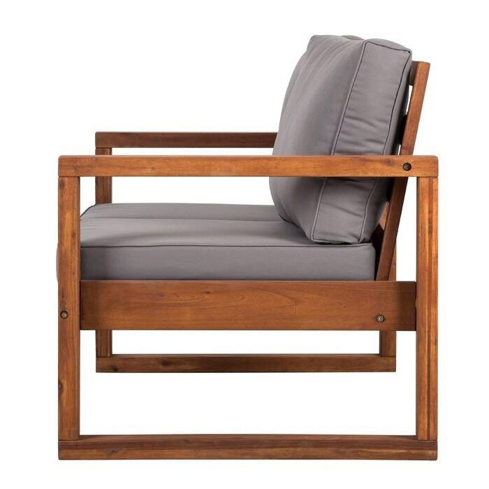 FastFurnishings FarmHouse Modern Outdoor Acacia Loveseat with Grey Cushion