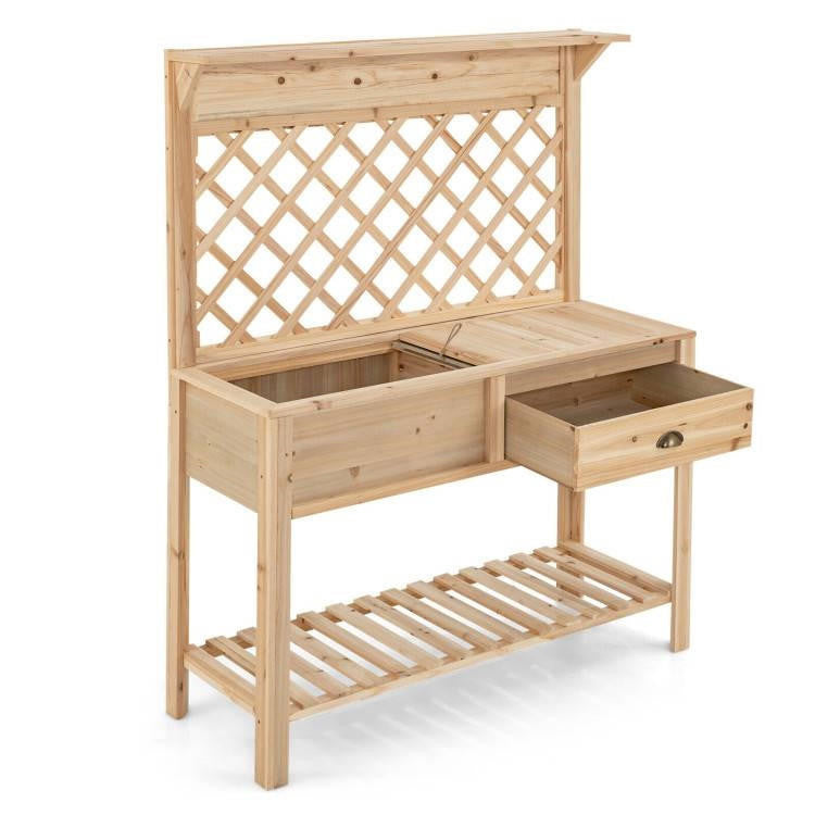 FastFurnishings Farmhouse Outdoor Garden Wooden Potting Bench with Storage Drawer and Trellis