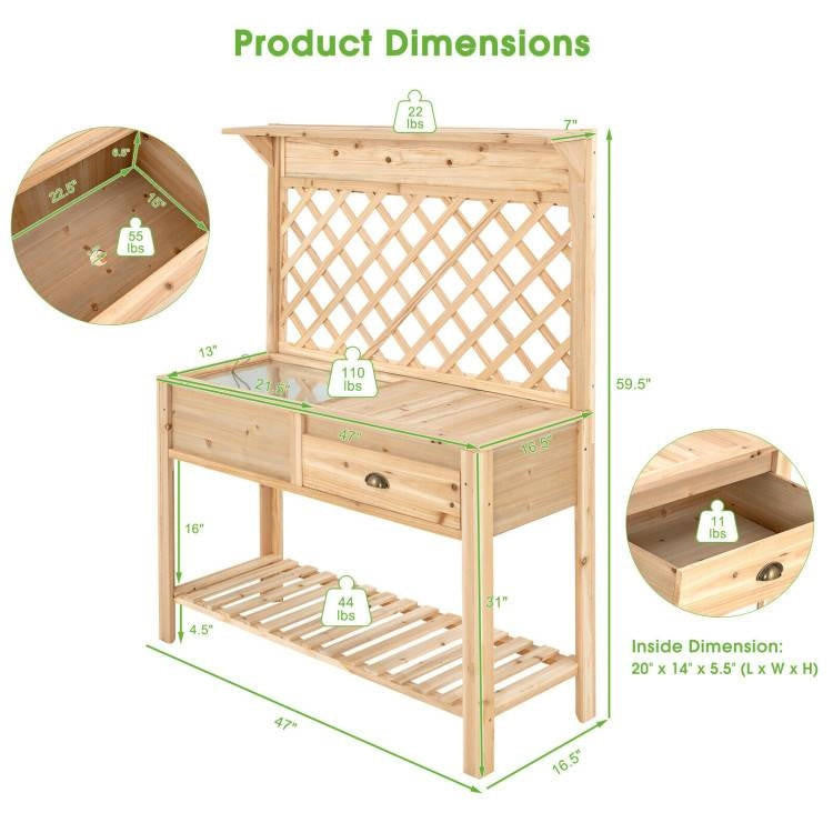 FastFurnishings Farmhouse Outdoor Garden Wooden Potting Bench with Storage Drawer and Trellis