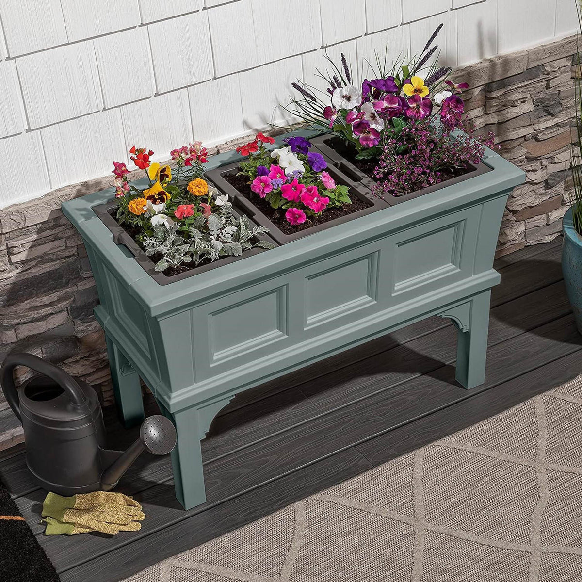 FastFurnishings Green Rectangular Raised Garden Bed Planter Box with 3 Removeable Trays