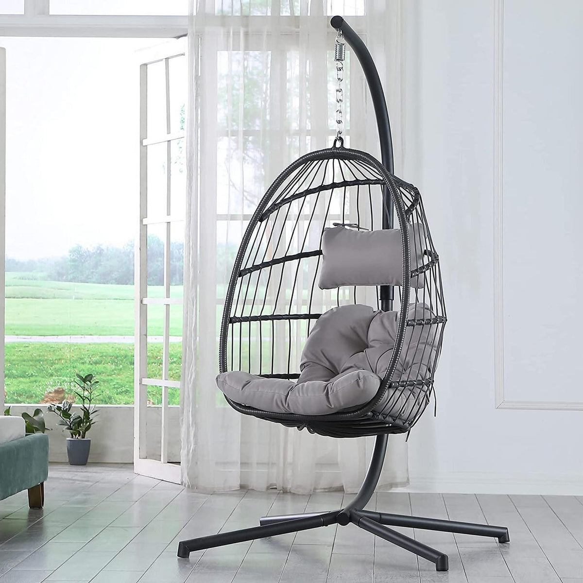 FastFurnishings Grey Indoor/Outdoor Wicker Rattan Aluminum Frame Swing Egg Chair Hammock