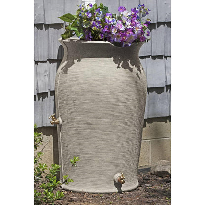 FastFurnishings Grey SandStone 50-Gallon Plastic Urn Rain Barrel with Planter Top
