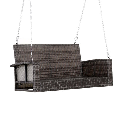 FastFurnishings Grey Tones Wicker Porch Swing 7ft Hanging Chain with Dark Grey Padded Cushion